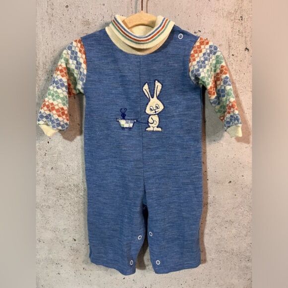 Vintage Healthtex Embroidered Bunny Blue Easter Romper Boys 18 months - Picture 1 of 10